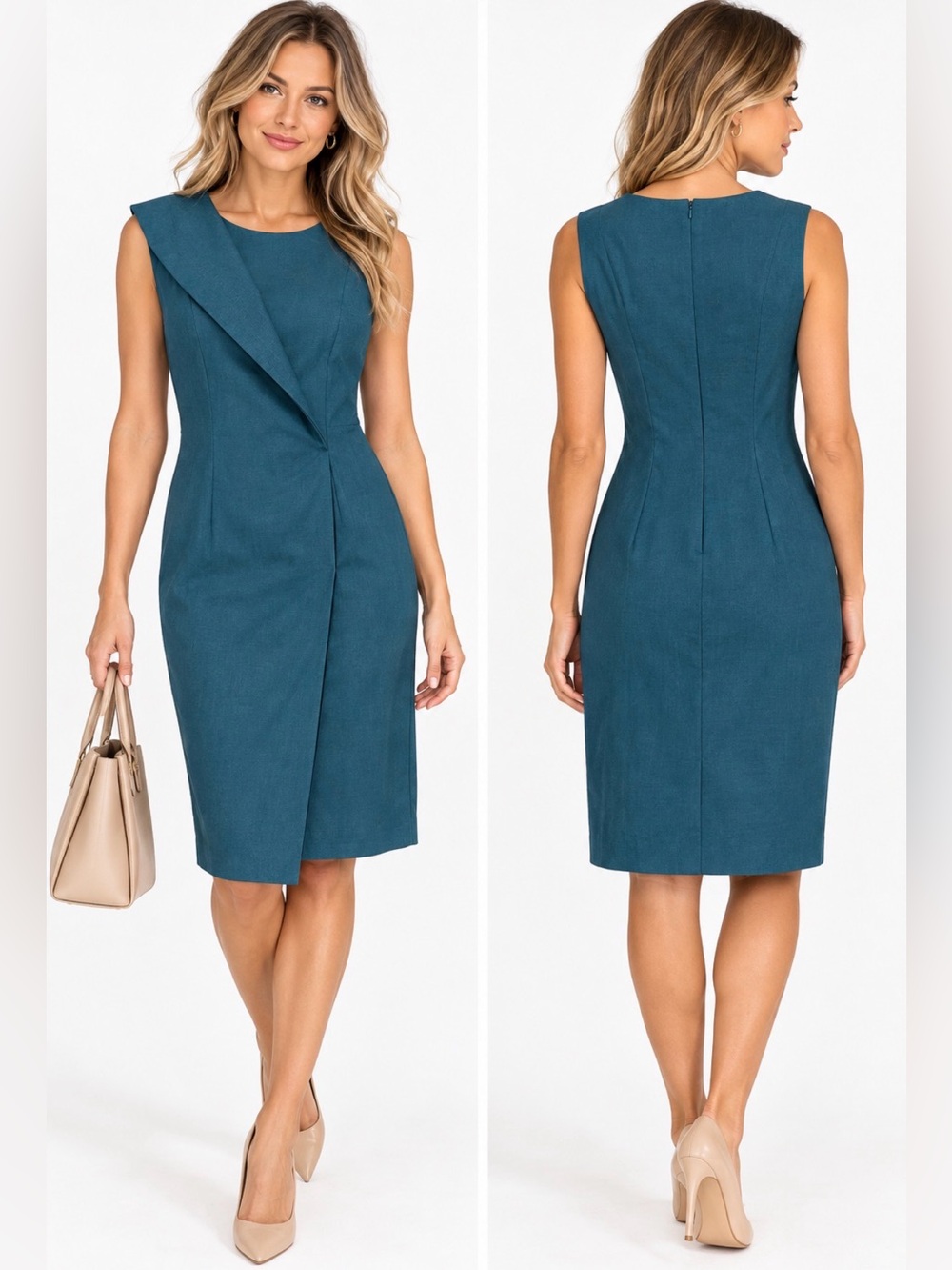 Calvin Klein Teal Sleeveless Collared Wrap Sheath Midi Dress